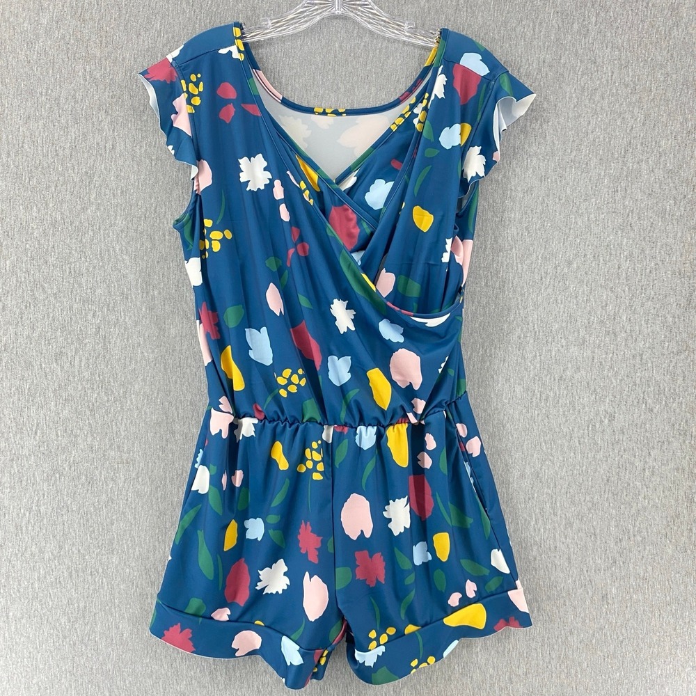 Romper Swimsuit Resortwear Blue Floral Flutter Sleeves Built-In Bra NO BRAND 2XL